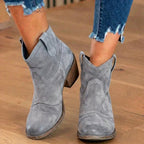 Orthopedic Suede Western Ankle Boots - Low Block Heel Pull-On