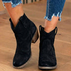Orthopedic Suede Western Ankle Boots - Low Block Heel Pull-On