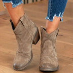 Orthopedic Suede Western Ankle Boots - Low Block Heel Pull-On