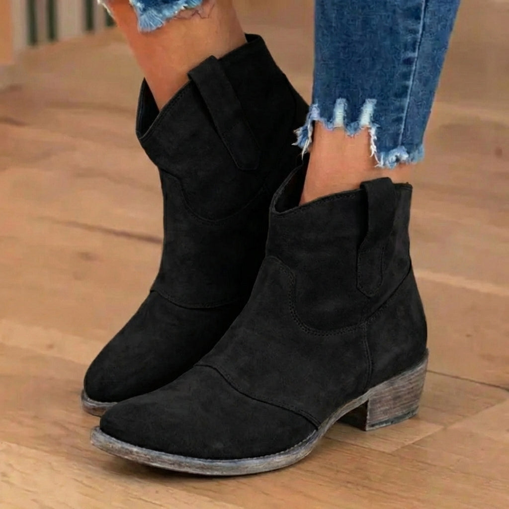 Orthopedic Suede Western Ankle Boots - Low Block Heel Pull-On