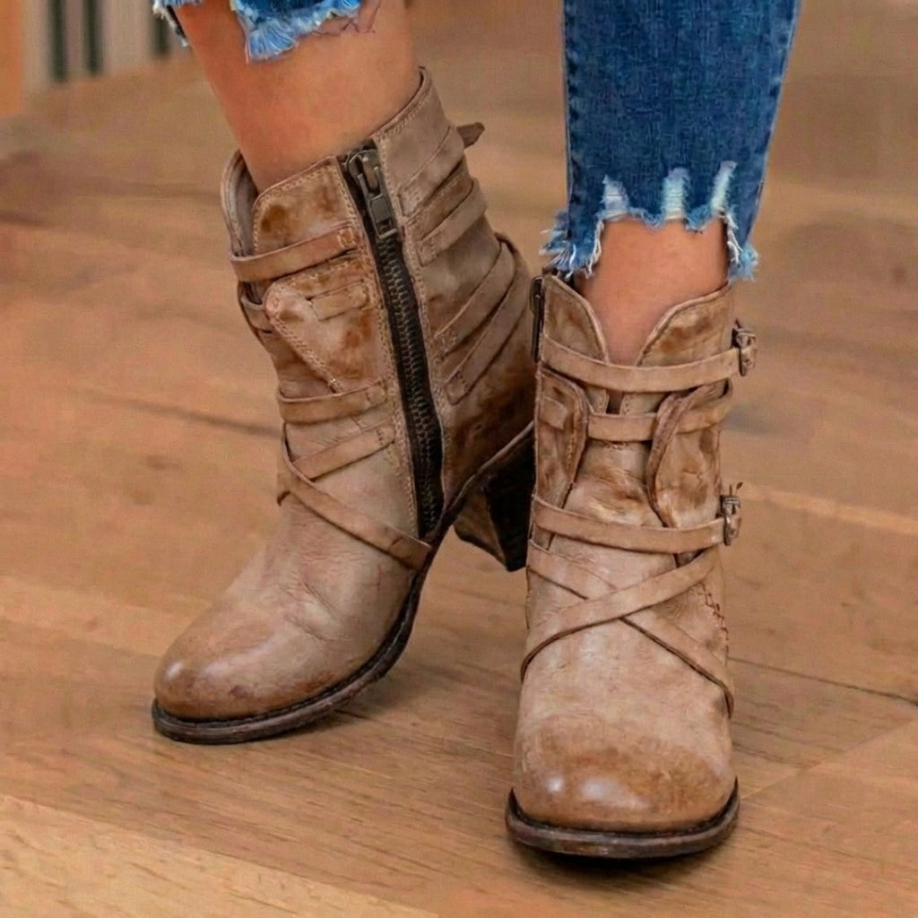Orthopedic Leather Multi-Strap Ankle Boots - Side Zip Buckle