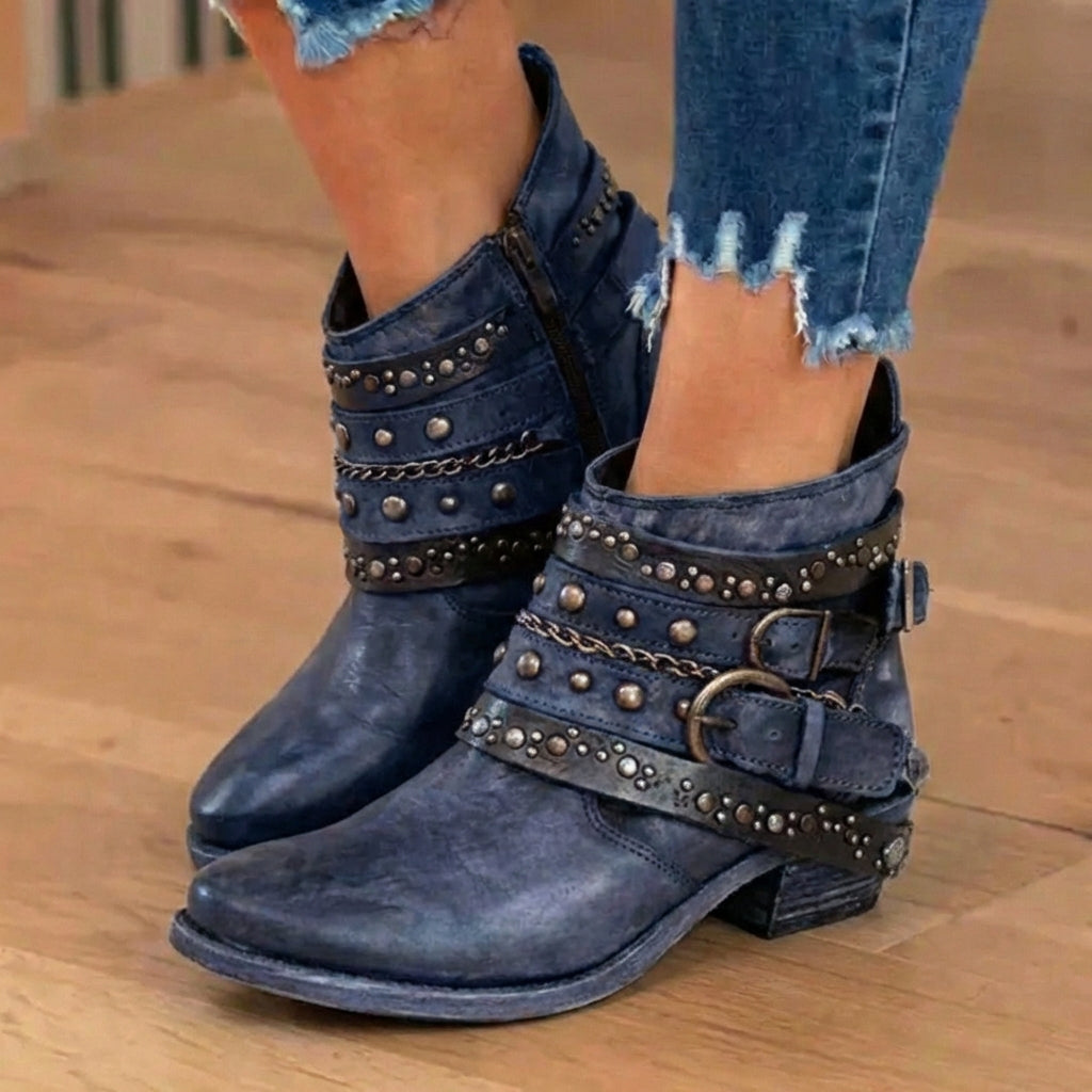 Orthopedic Leather Studded Ankle Boots - Chain & Rivet Detail