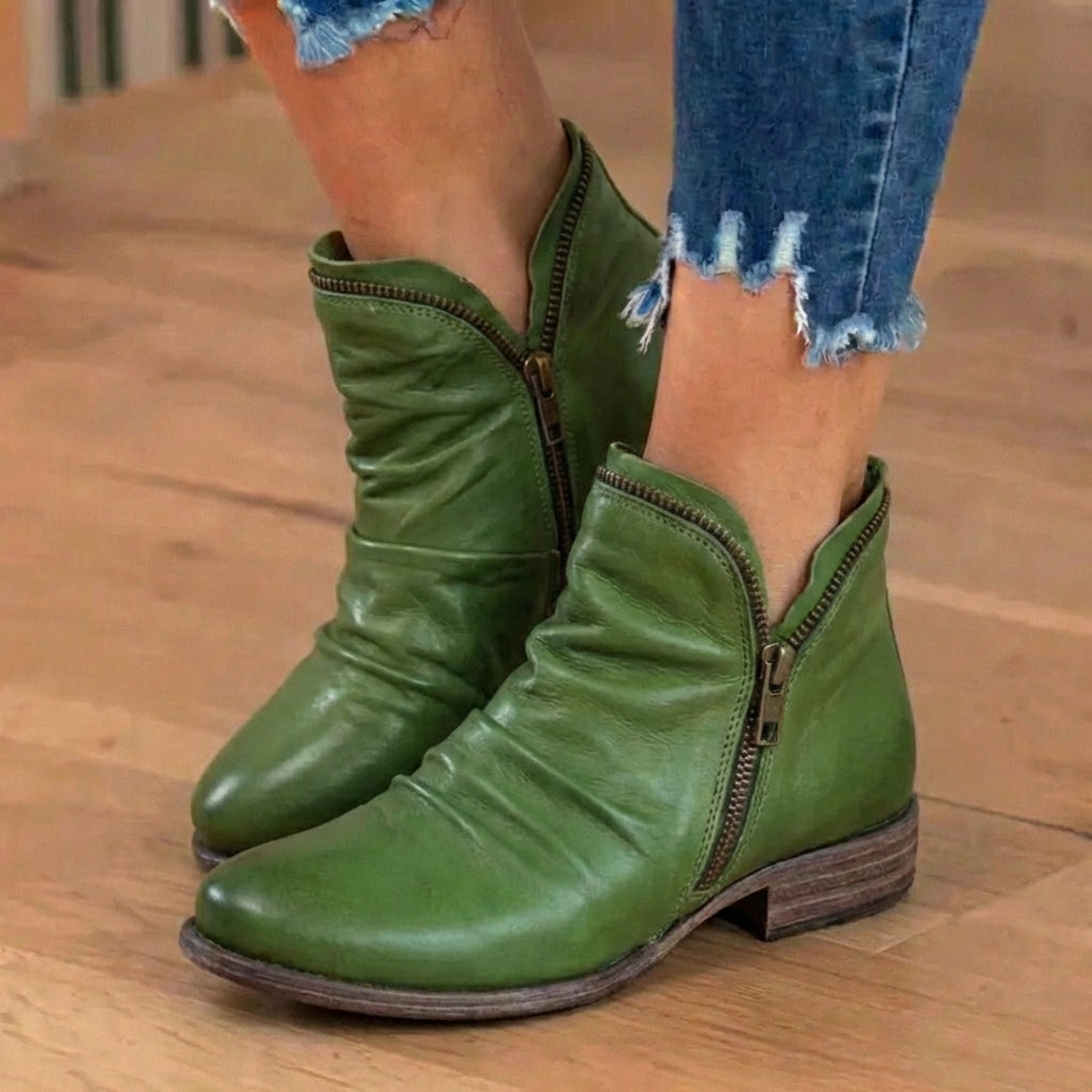 Orthopedic Leather Ruched Ankle Boots - Side Zip Low Heel