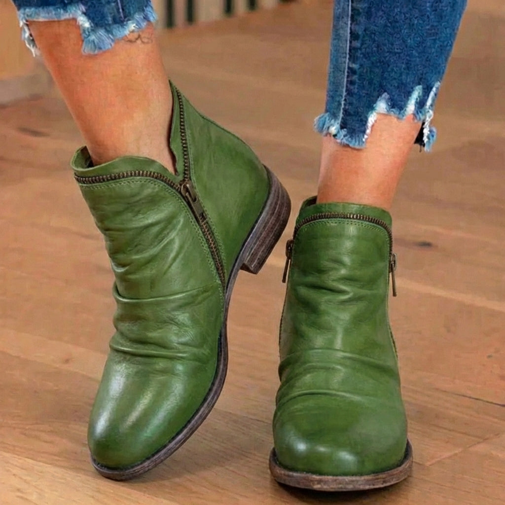 Orthopedic Leather Ruched Ankle Boots - Side Zip Low Heel