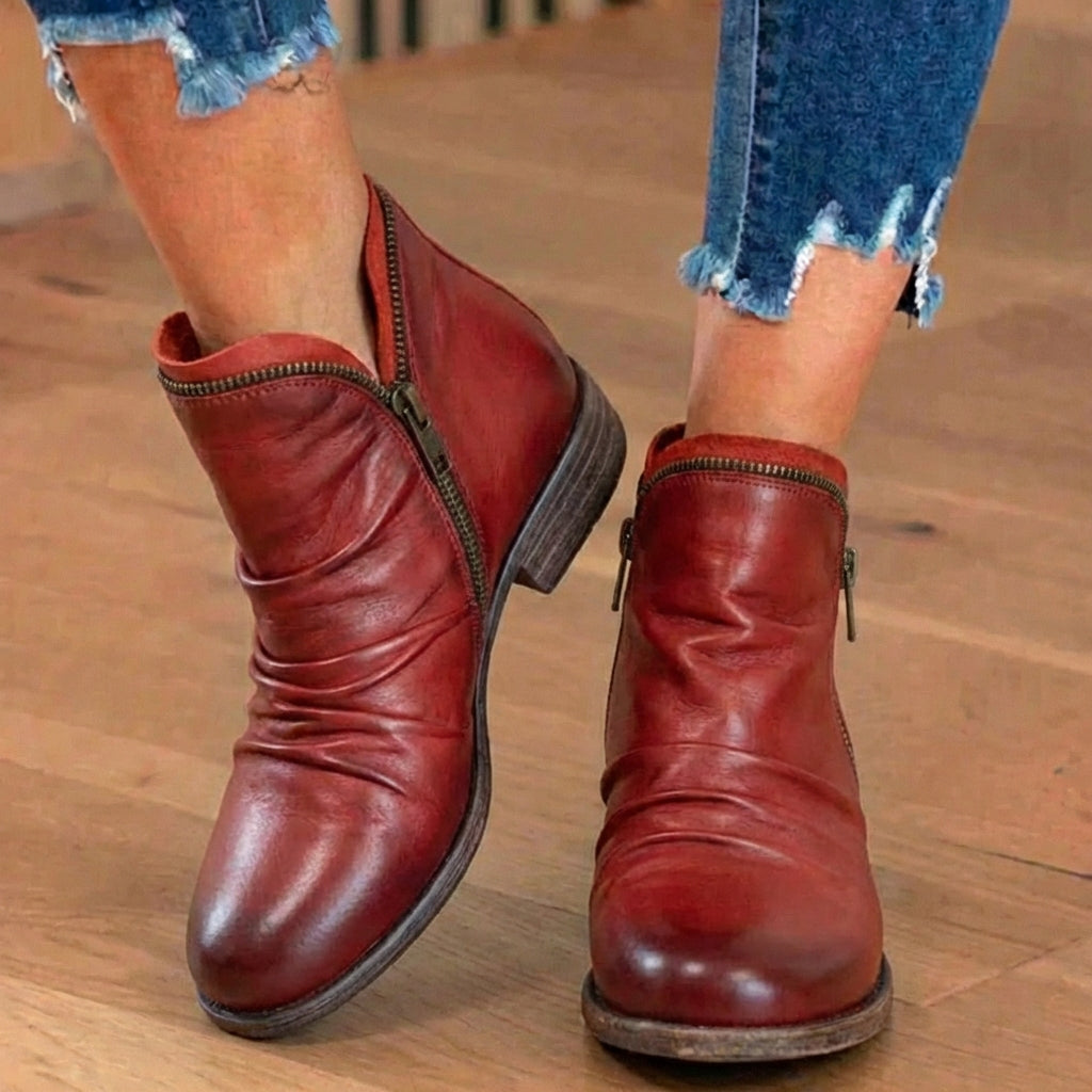 Orthopedic Leather Ruched Ankle Boots - Side Zip Low Heel