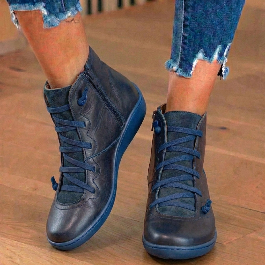 Orthopedic Leather Lace-Up Ankle Boots - Combat Style Side Zip