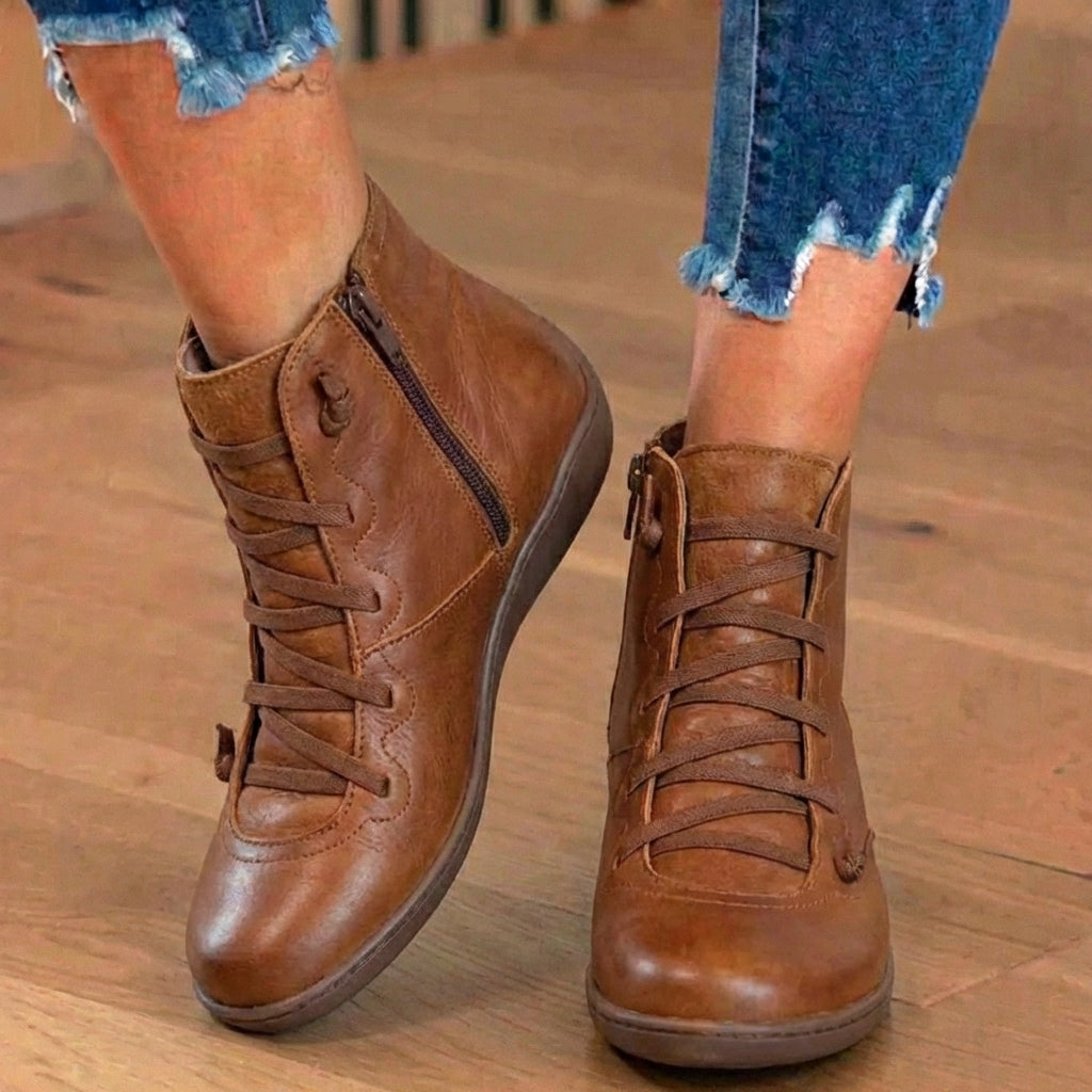 Orthopedic Leather Lace-Up Ankle Boots - Combat Style Side Zip