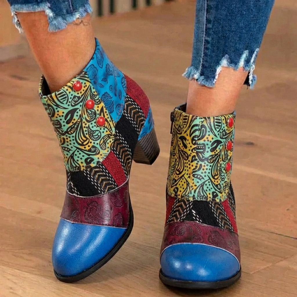 Orthopedic Bohemian Patchwork Ankle Boots - Embossed Leather
