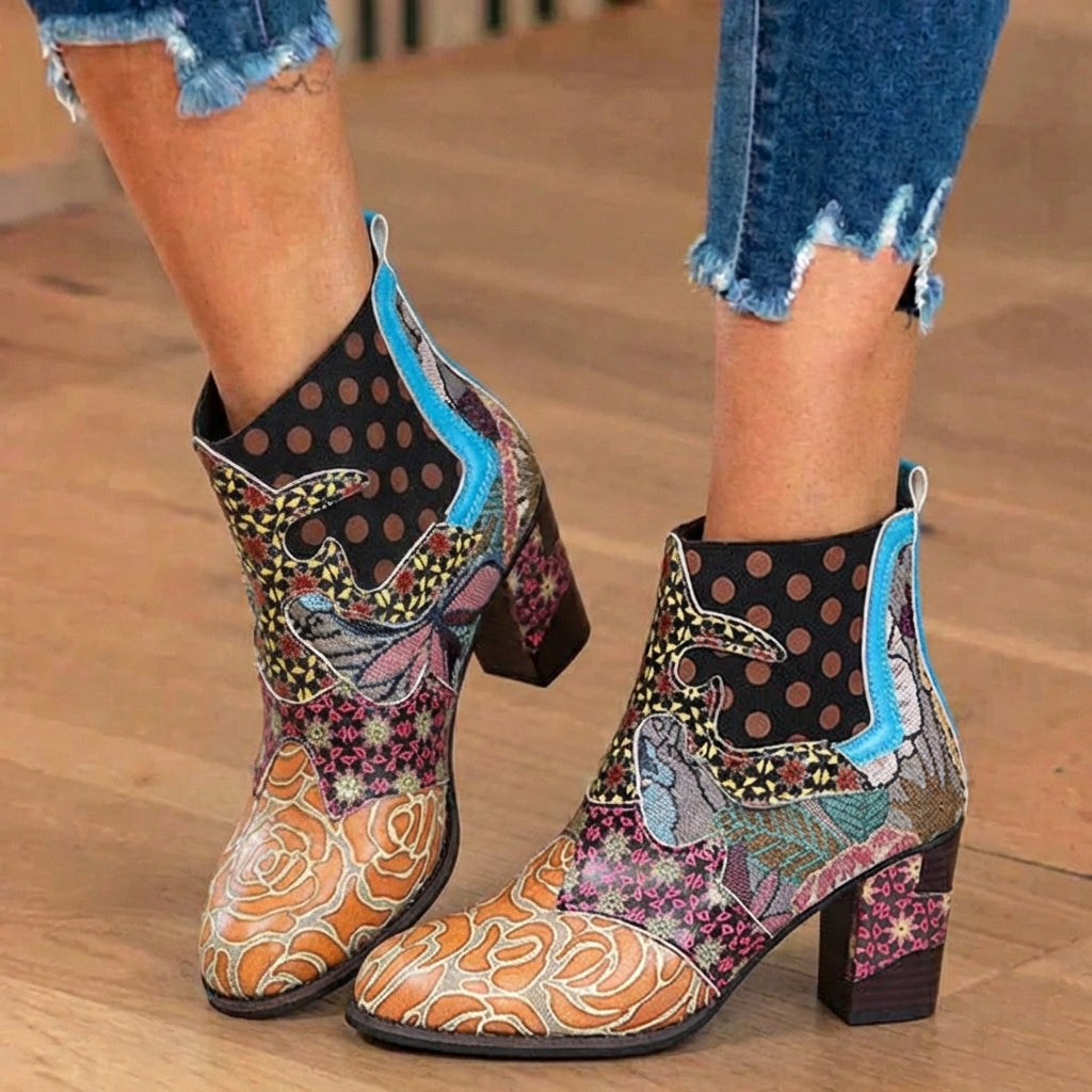 Orthopedic Bohemian Patchwork Ankle Boots - Embossed Leather