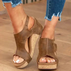 Orthopedic Leather Studded Platform Wedges - Cork & Cutout Design