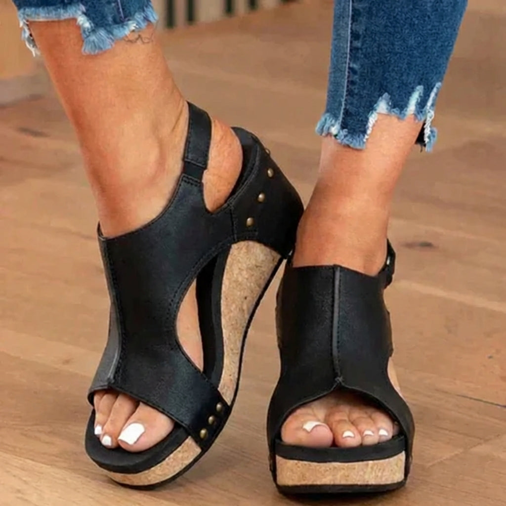 Orthopedic Leather Studded Platform Wedges - Cork & Cutout Design