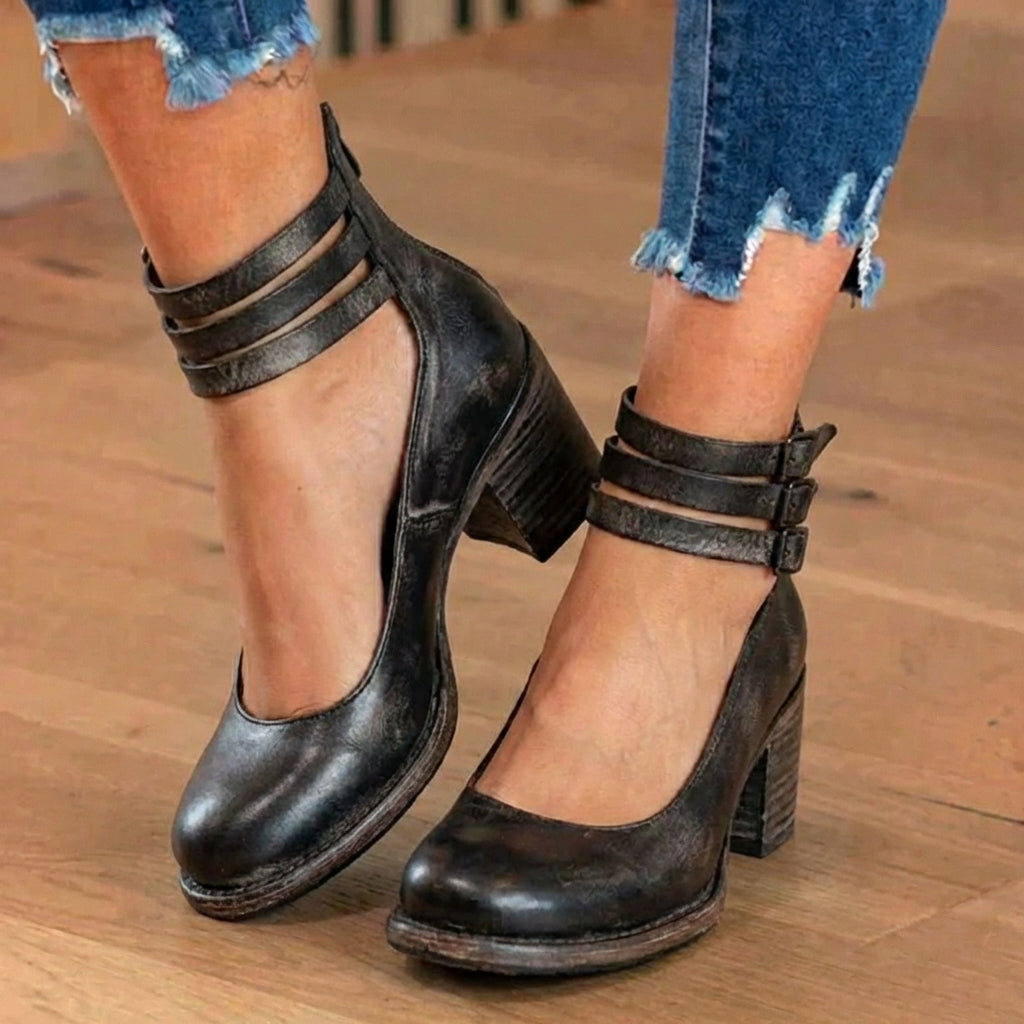 Orthopedic Leather Ankle Boots - Block Heel Double Buckle Strap