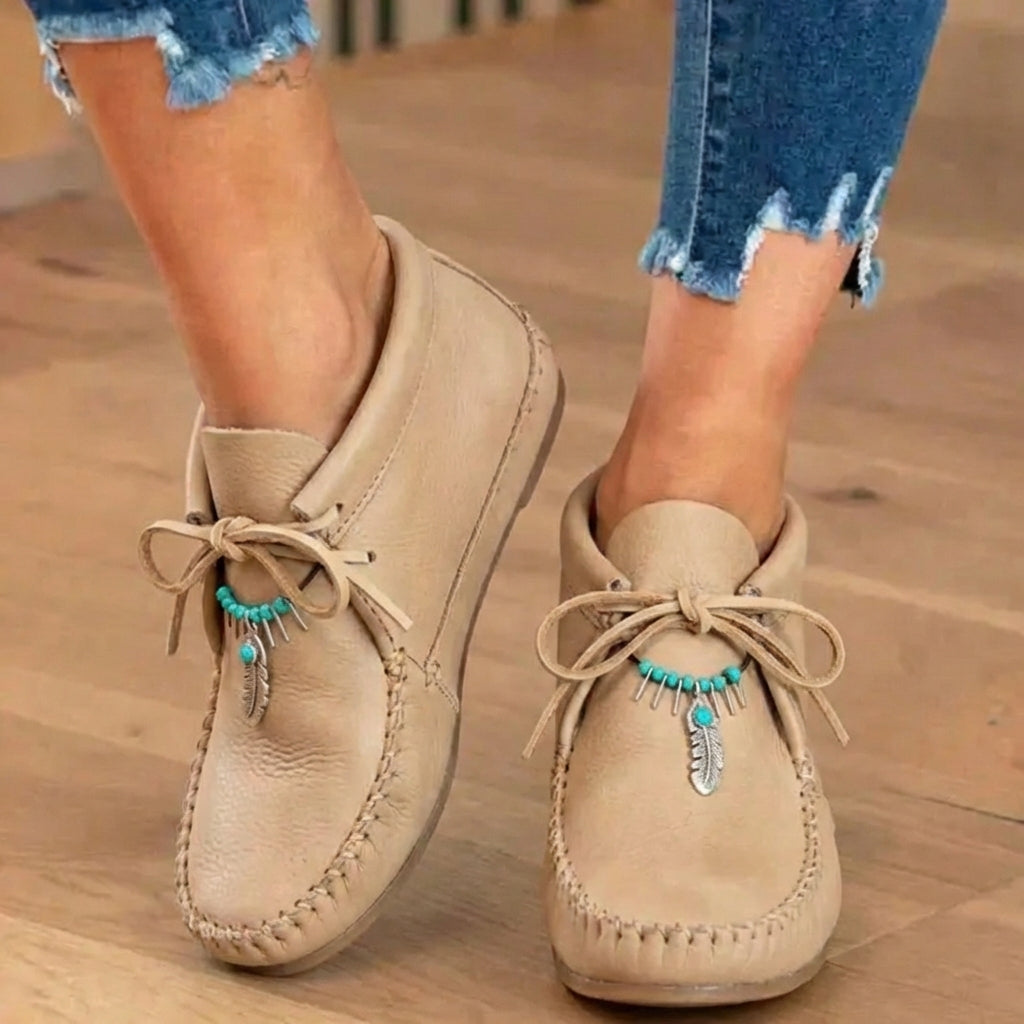 Orthopedic Leather Moccasin Boots - Feather Charm Lace-Up