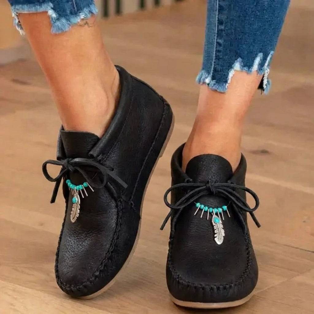 Orthopedic Leather Moccasin Boots - Feather Charm Lace-Up