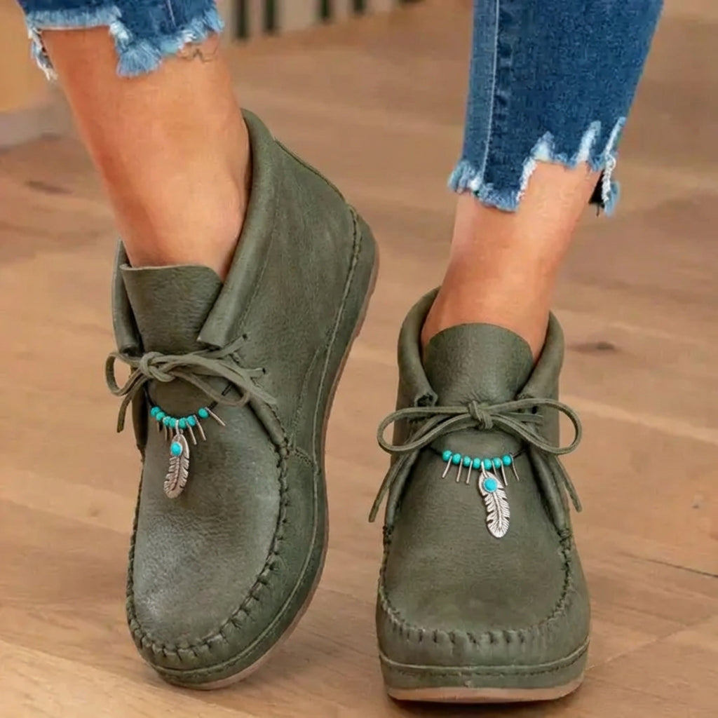 Orthopedic Leather Moccasin Boots - Feather Charm Lace-Up