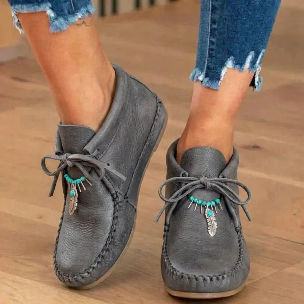 Orthopedic Leather Moccasin Boots - Feather Charm Lace-Up
