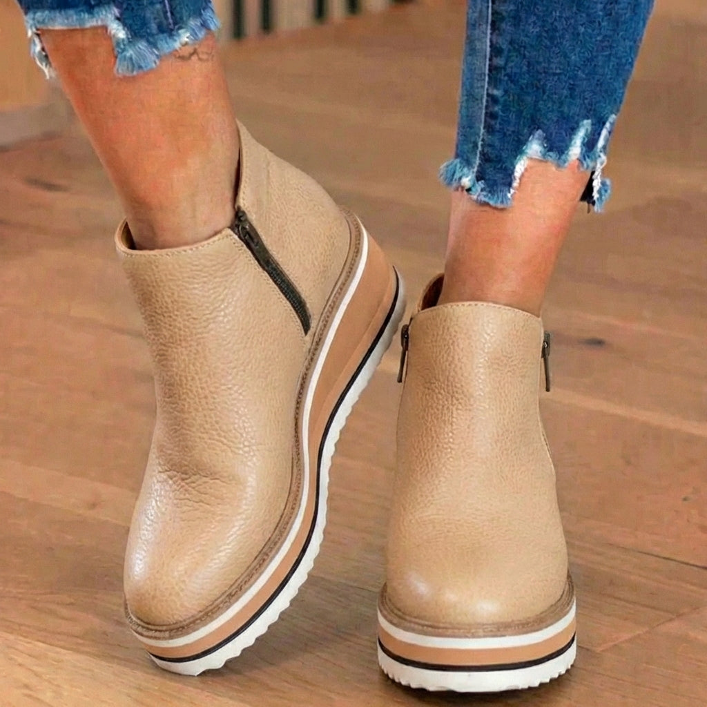 Orthopedic Leather Platform Ankle Boots - Side Zip Wedge