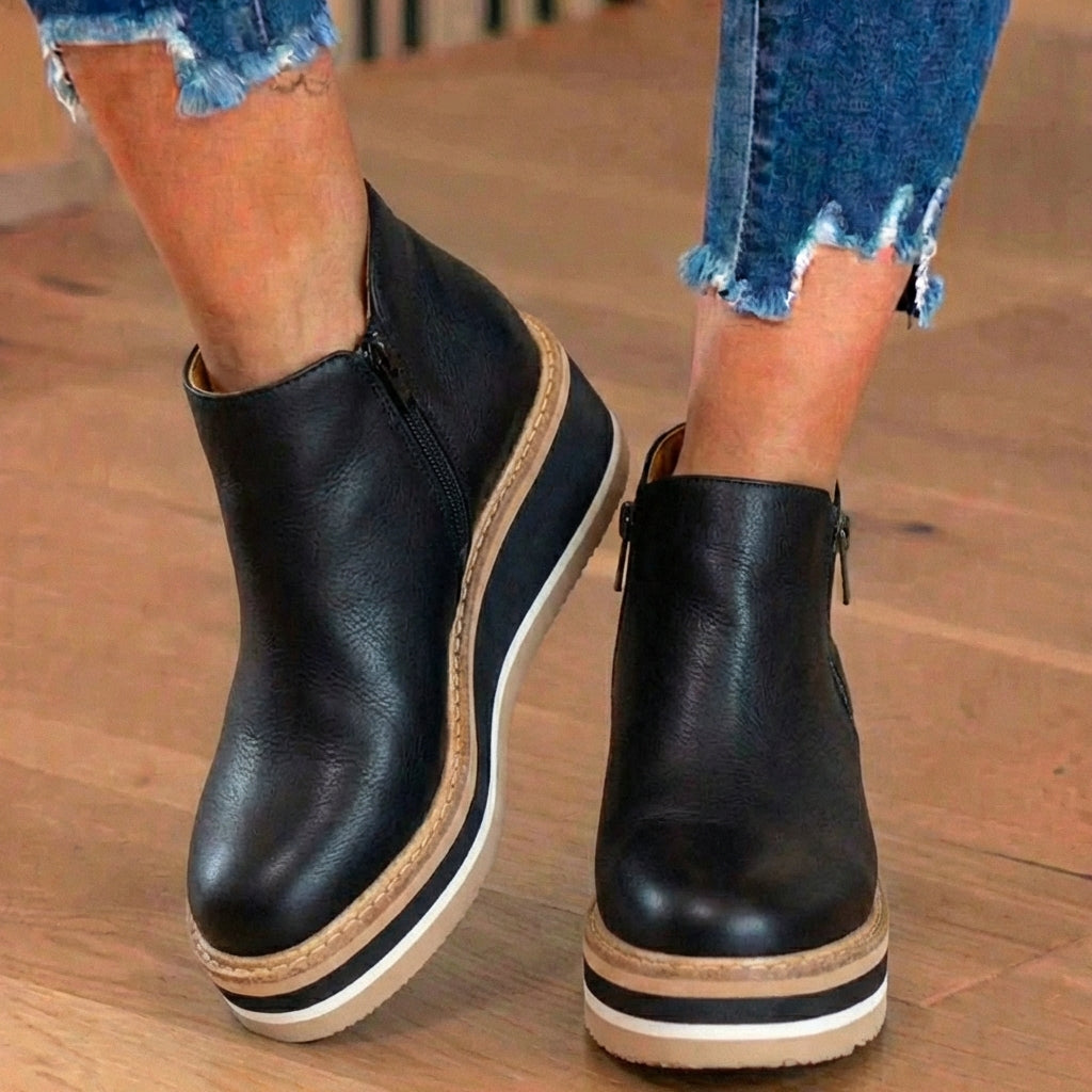 Orthopedic Leather Platform Ankle Boots - Side Zip Wedge