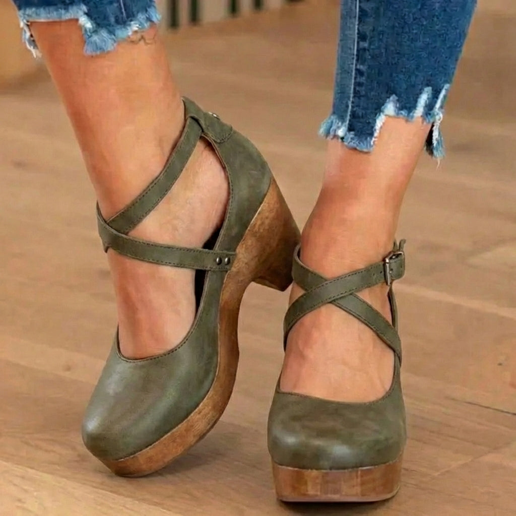 Orthopedic Leather Platform Heels - Crisscross Ankle Strap