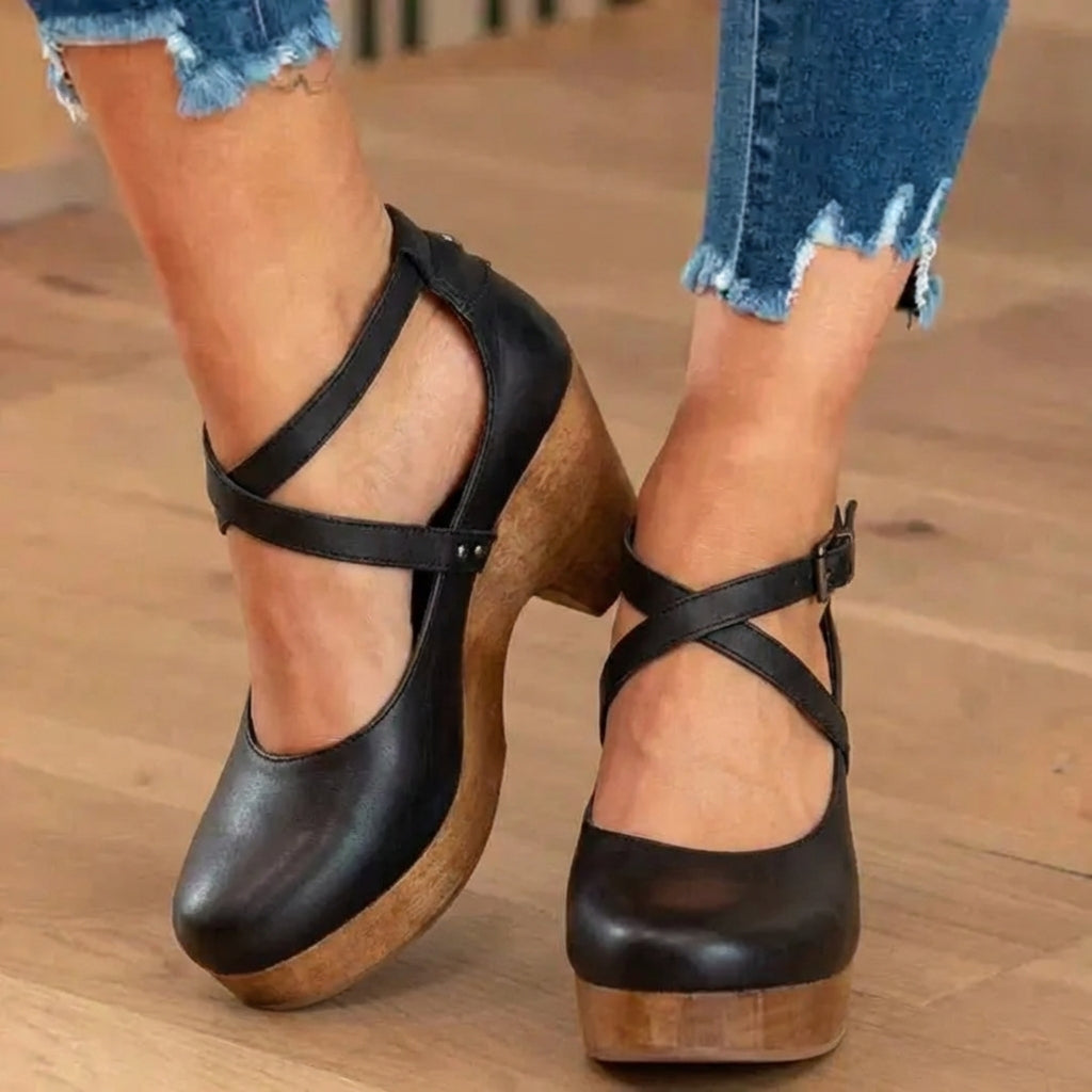 Orthopedic Leather Platform Heels - Crisscross Ankle Strap