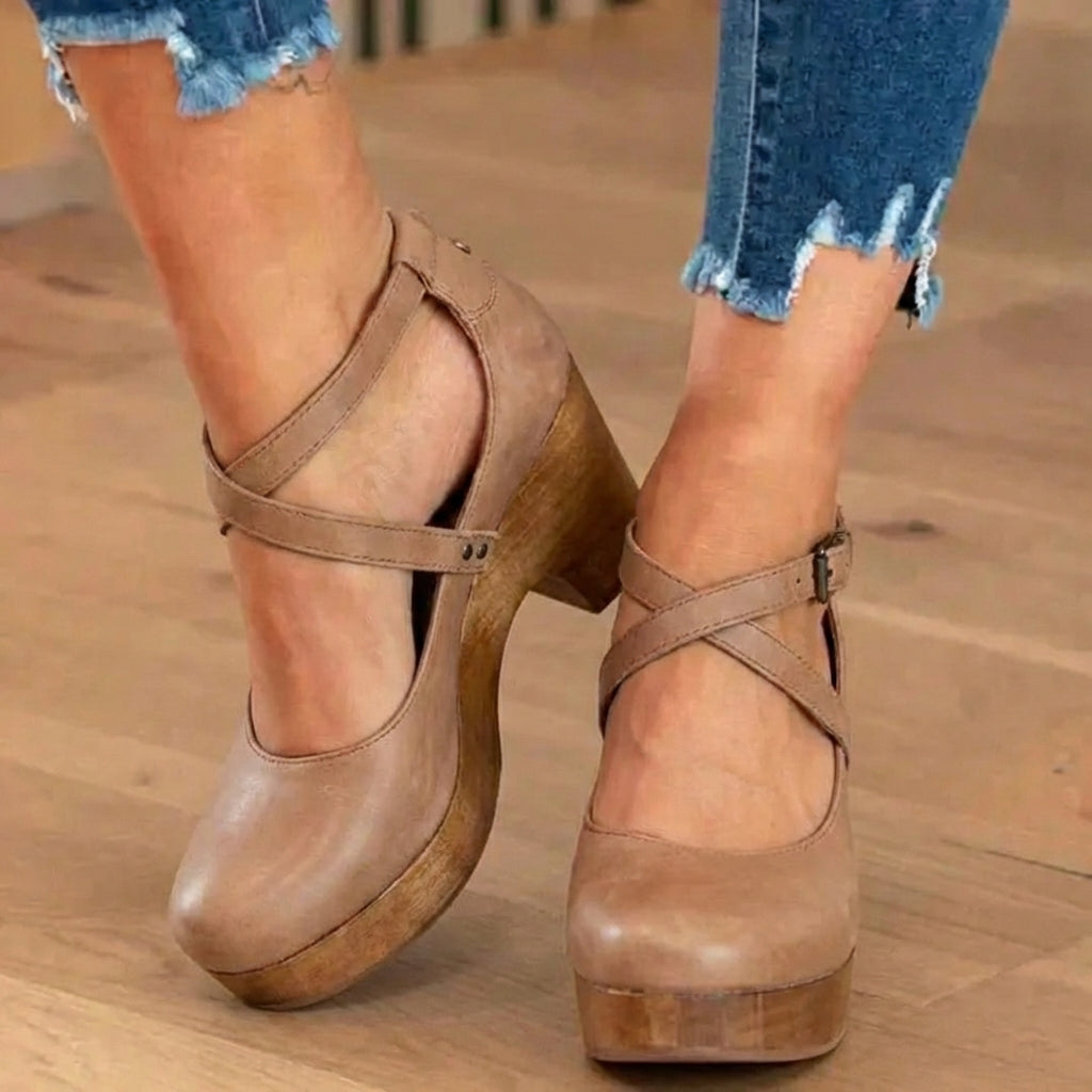 Orthopedic Leather Platform Heels - Crisscross Ankle Strap